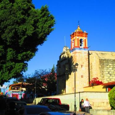 A colorful building and bright facades in a Mexican town